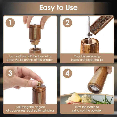 Vista 6 de Juego de molinillo de sal y pimienta de madera, molinillo de pimienta manual de 8 pulgadas Adjustable Coarseness Refillable Ceramic Core Grinder