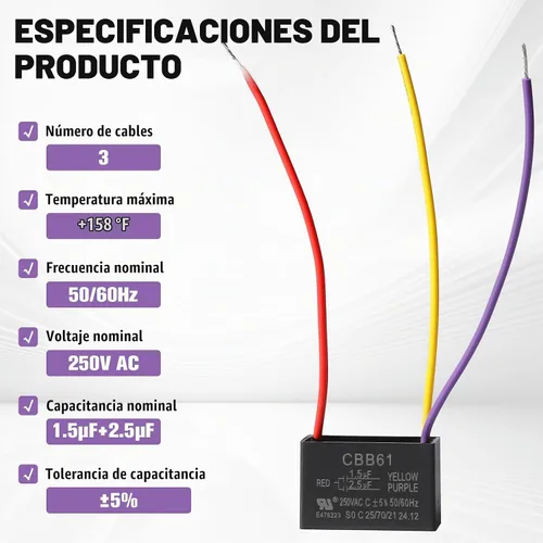 Vista 2 de Podoy CBB61 Condensador para ventilador de techo para New TECH 1.5uf 2.5uf 250V AC 3 Wire.