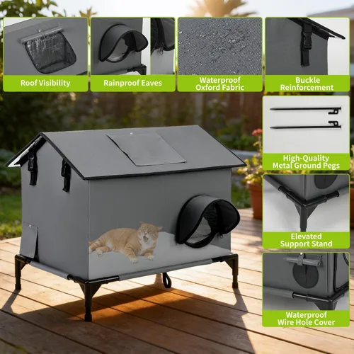 Vista 4 de Casa extragrande para gatos al aire libre, resistente a la intemperie, aislada para interiores y exteriores, casa para varios gatos con puerta