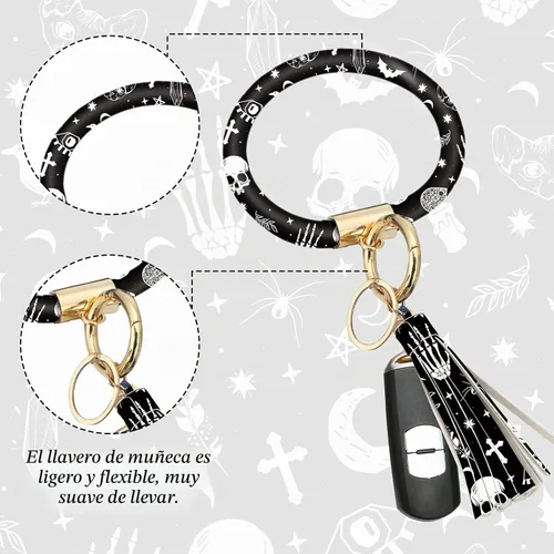 Vista 4 de Juego de 4 piezas de accesorios para auto con estampado de lunas negras y estrellas blancas, funda para volante con estampado de lunas negras
