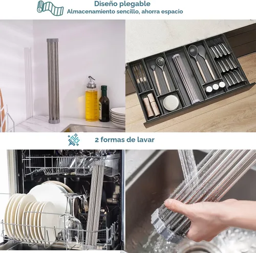Vista 7 de Tomorotec Escurridor de platos enrollable, estante de secado de platos sobre el fregadero, estante portátil de acero inoxidable con ruedas multiusos
