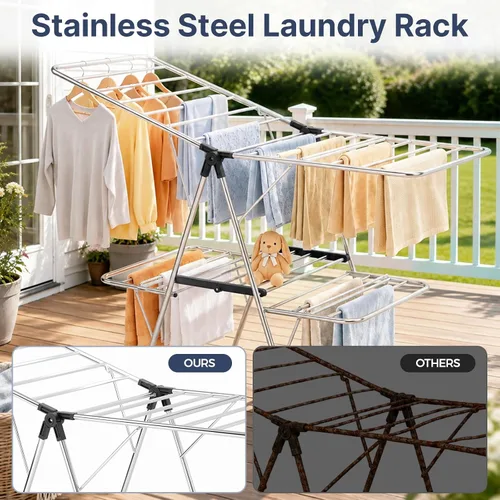 Vista 4 de Stainless Steel 2-Tier Foldable Clothes Drying Rack, 57 Inches Max Height