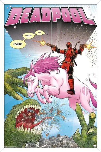 Vista 13 de Marvel Comics Deadpool - Póster de pared de unicornio, 22.4 pulgadas de largo x 14.7 pulgadas de ancho, versión enmarcada de madera de granero