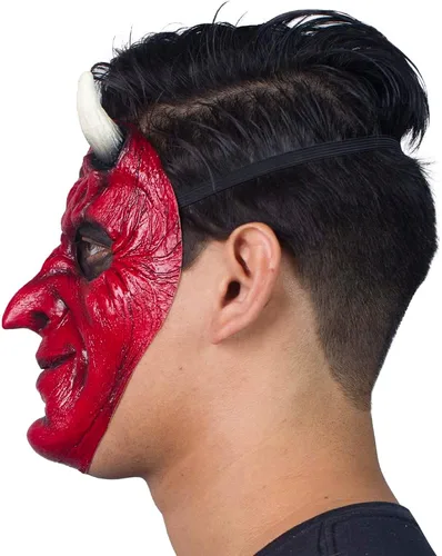 Vista 3 de Ghoulish Productions Máscara de demonio, máscara de diablo rojo. Máscara de látex de cara de demonio feliz. Máscara de látex de talla única