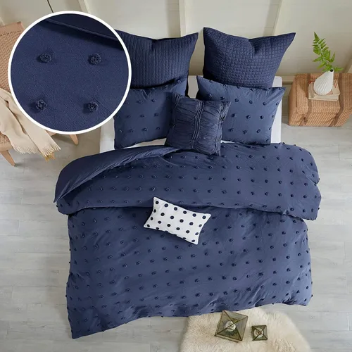 Vista 17 de Intelligent Design - Juego de edredón de algodón con mechones jacquard y diseño de pompones para todas las estaciones, con fundas a juego, almohadas