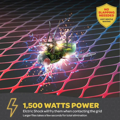 Vista 2 de Raqueta Matamoscas Eléctrica de Mano Zapeador de Insectos para Interiores/Exteriores - Potente 1500 Voltios Instantáneo Moscas/Insectos y Mosquitos