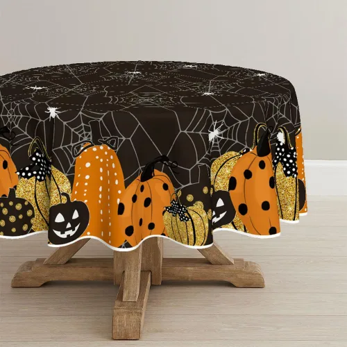 Vista 7 de Horaldaily Mantel rectangular de Halloween de 52 x 70 pulgadas, diseño de telaraña de calabaza con temática de miedo, color negro, lavable