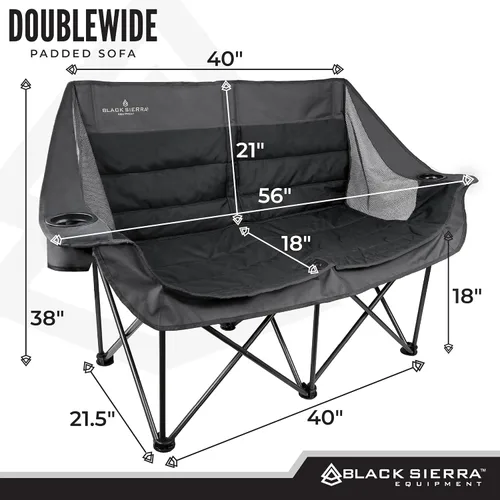 Vista 3 de Black Sierra - Silla de campamento plegable doble acolchada, sofá de campamento plegable de gran tamaño, sofá biplaza portátil para exteriores