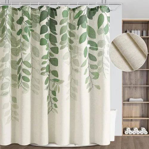Vista 8 de SMABU Cortina de ducha de lino de 84 pulgadas de largo para baño, cortinas de ducha azules, tela impermeable pesada, decoración de baño de eucalipto