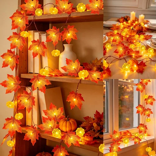 Vista 4 de Temporizador y paquete de 3 guirnaldas de otoño con luces de calabaza 60