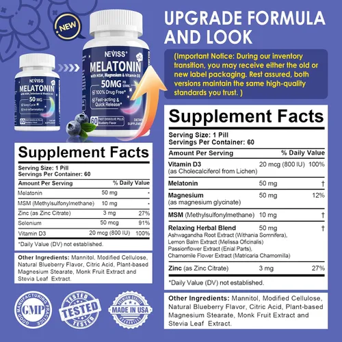 Vista 2 de NEVISS Melatonina 50 mg para Adultos - Fuerza Extra 9-en-1 de Disolución Rápida Sublingual - Dosis Alta con Glicinato de Magnesio, Vitamina D3