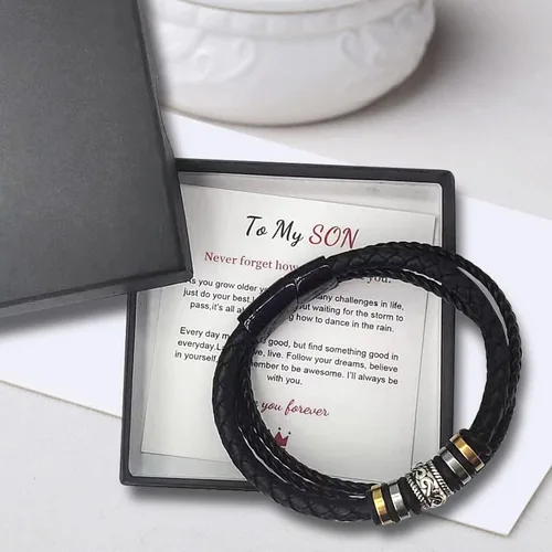 Vista 18 de Pulsera de cuero trenzado con texto en inglés «Love You Forever» para hombres y niños, pulsera inspiradora de acero inoxidable, pulsera de cuero