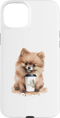 Vista 9 de iPhone 16 Pomerania perro con café estilo acuarela caso