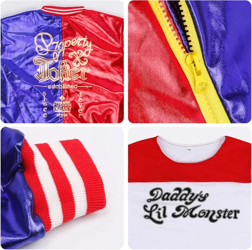 Vista 7 de Anqtovp Conjunto de disfraces de cosplay de Joker para niñas, disfraces de escuadrón de Halloween para niños con chaqueta, pantalones cortos