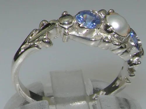 Vista 3 de Anillo de plata de ley 925 con perlas cultivadas y tanzanita para mujer