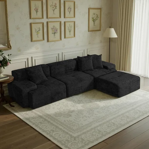 Vista 9 de Sofá modular modular en forma de L de 3 plazas con otomana móvil, tapicería de chenilla, estructura de espuma completa, sofá convertible sin hueso