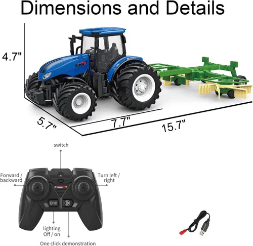 Vista 5 de Camión RC Tractor Agrícola con 2 Baterías Recargables - 2.4G 1/24 Vehículo de Construcción de Alta Simulación con Hileradora Giratoria Doble