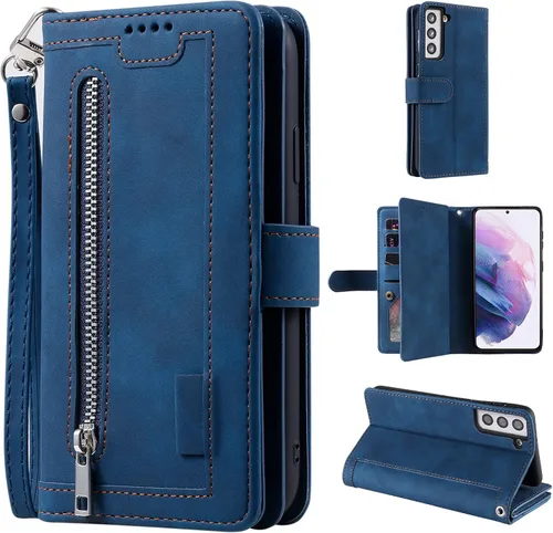 Vista 9 de UEEBAI Funda tipo cartera para Samsung Galaxy S22 5G, Retro 9 ranuras para tarjetero, bolsillo con cremallera, cierre magnético, función atril