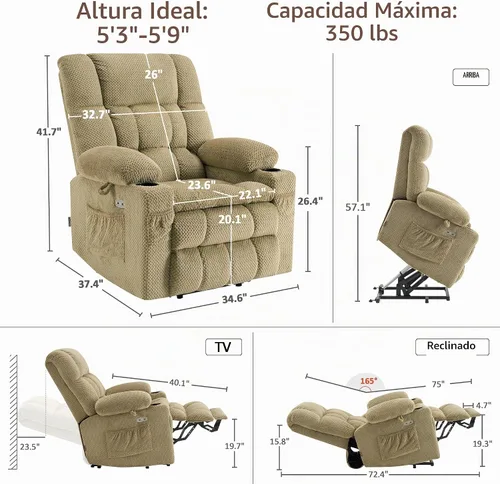 Vista 3 de MCombo Silla reclinable eléctrica de motor dual con masaje y calor para personas mayores, posición infinita, puertos USB, portavasos, tela 7890 Beige