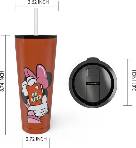Vista 8 de Zak Designs Disney Minnie Mouse - Vaso de viaje de acero inoxidable con aislamiento al vacío con tapa a prueba de salpicaduras, incluye popote