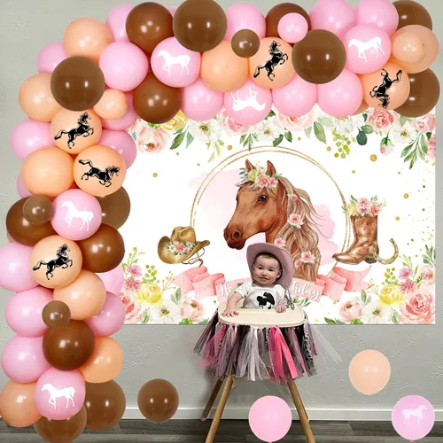 Vista 4 de Decoración para fiesta de vaquera occidental, fondo de fotos de caballo de carreras con flores rosas y kit de arco de guirnalda de globos