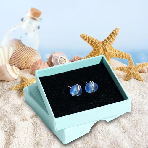 Vista 6 de Aretes de cristal de mar de plata de ley S925, hipoalergénicos, hechos a mano, aretes de tuerca hechos a mano de cristal de playa, joyería
