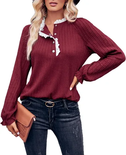 Vista 2 de Camisetas de manga larga para mujer, estilo casual, de ajuste holgado, a la moda, con puños fruncidos, blusa 2023