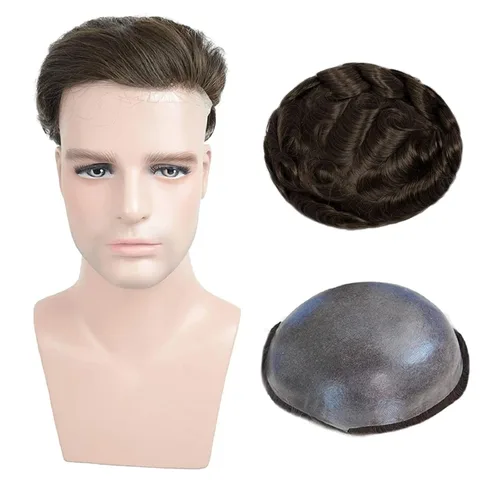 Vista 7 de Toupee para hombres, cabello humano para hombre, piezas de cabello de 0.002 in, piel suave y fina, un solo nudo, natural, ondulado, sistema
