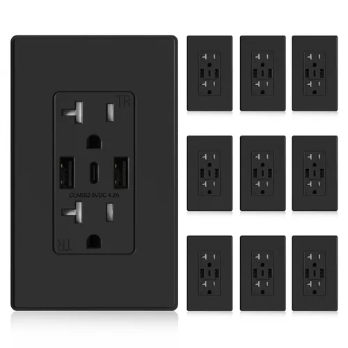 Vista 17 de ELEGRP Tomacorrientes de pared USB, Receptáculos de tomacorrientes de pared USB C de 3 puertos, tomacorrientes negro mate de 15 amperios con 3