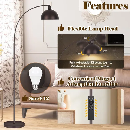 Vista 4 de Lámparas de pie de arco de bronce para sala de estar regulables – Lámpara de arco LED de 9W mejorada con 4 temperaturas de color, lámpara de pie