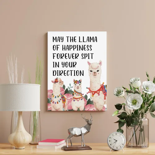 Vista 5 de Arte inspirador motivacional para pared, póster con texto en inglés "May the Llama of Happines", pintura enmarcada para decoración del hogar, 12 x