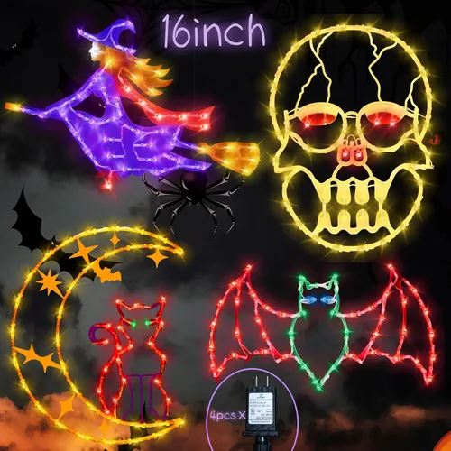 Vista 13 de Decoraciones de Luces de Siluetas para Ventana de Halloween de 16" - Paquete de 6 Colores Iluminados Gato en Luna y Fantasma y Telaraña y Calabaza