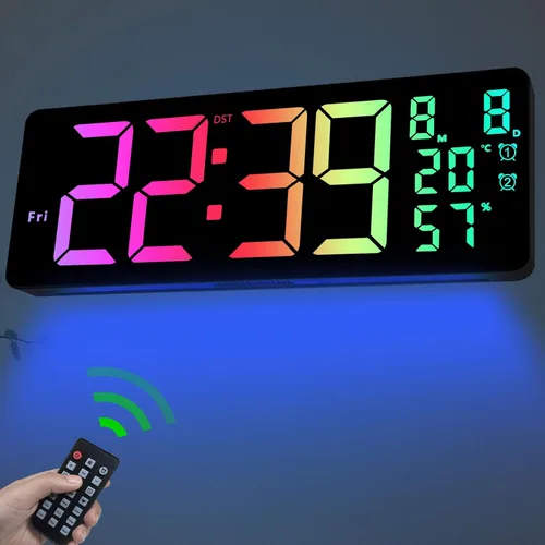 Vista 10 de JoFomp Reloj de pared digital grande de 17.3 pulgadas, reloj digital LED con control remoto, reloj despertador con Azul
