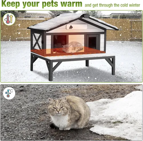 Vista 4 de Casa climatizada para gatos al aire libre, resistente a la intemperie, refugio grande para gatos con forro 100% aislado para múltiples gatos, casas