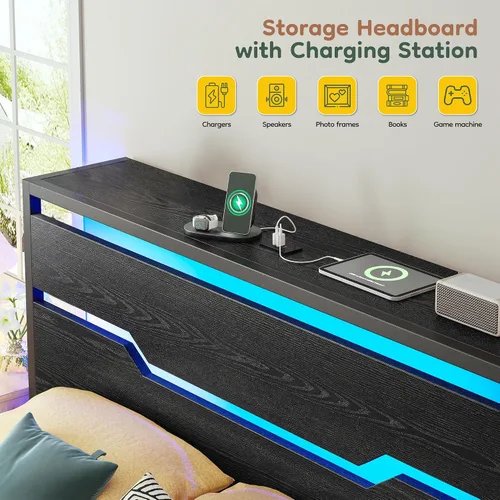 Vista 3 de Homkdom Twin Size Bed Frame with LED, Headboard Shelf & USB Ports