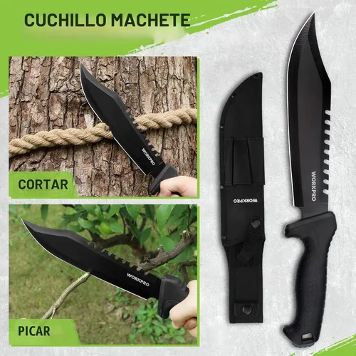 Vista 4 de WORKPRO Hacha de camping y machete con funda, hacha de campamento y cuchillos de hoja fija con mango de paracord, linterna frontal, pedernal, juego