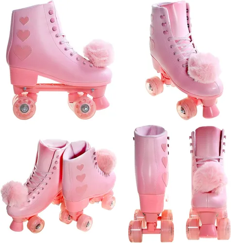 Vista 7 de Patines de ruedas para mujer, patines de piel sintética de alta calidad, cuatro ruedas rosadas brillantes de doble fila, patines cuádruples