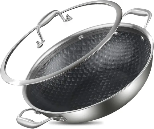 Vista 8 de DELARLO Wok con Tapa de 12 Pulgadas Wok Antiadherente, Apto para Horno Hasta 600℉, Woks y Sartenes para Freír Antiadherentes, Wok de Acero