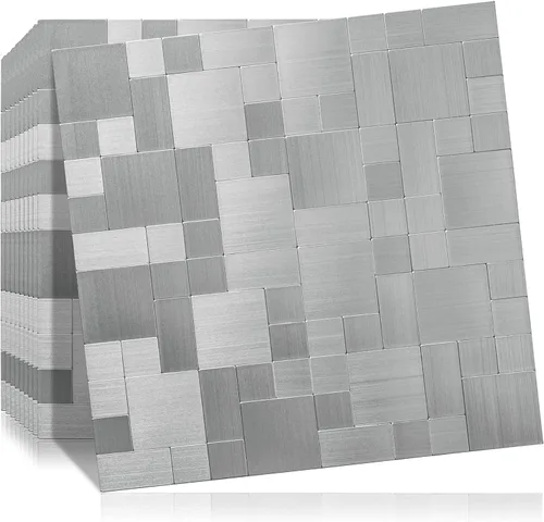 Vista 17 de DICOFUN 1 hoja de azulejo adhesivo de mármol gris para salpicaduras, azulejos de metal mixto con astillas plateadas para cocina y baño, adhesivo