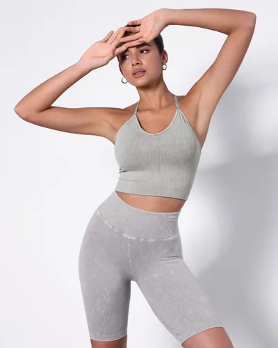 Vista 4 de ODODOS Sujetador deportivo sin costuras con almohadillas extraíbles para mujer, cuello en V, acanalado, Brami de línea larga, top corto