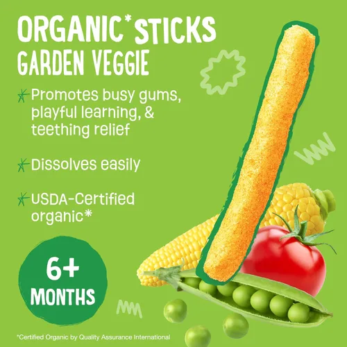 Vista 3 de Earth's Best Alimento orgánico para bebés, aperitivo de dentición disoluble para bebés de 6 meses en adelante, palitos crujientes de verduras