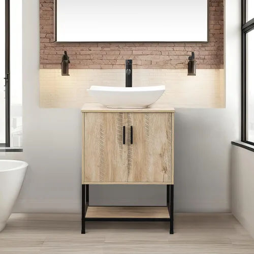 Vista 4 de UEV Tocador de Baño de Roble Rústico de 24" con Lavabo, Conjunto de Gabinete de Baño con Marco de Hierro Industrial con Puertas y Estante, con Combo