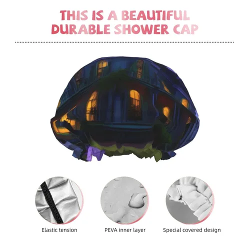 Vista 5 de Gorro de ducha reutilizable con estampado de mansiones embrujadas negras para mujer, doble capa impermeable, gorro de baño de secado rápido