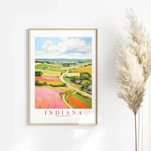 Vista 7 de ColorAndFlair Indiana Travel Print Hoosier State Souvenir Nature Green Pink Orange Wall Art Retro Poster Red Barn Landscape Painting (13x19 inches)