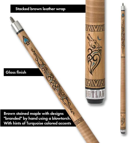 Vista 3 de OUTLAW OL33 Thunder - Taco de billar - Arce teñido marrón con diseño de lobo y toques de turquesa
