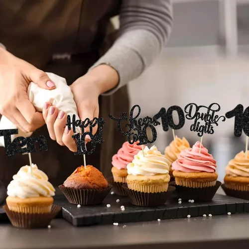 Vista 7 de Paquete de 30 adornos para cupcakes con purpurina de doble dígito para cumpleaños de 10 años, para cumpleaños, aniversario, fiesta, suministros