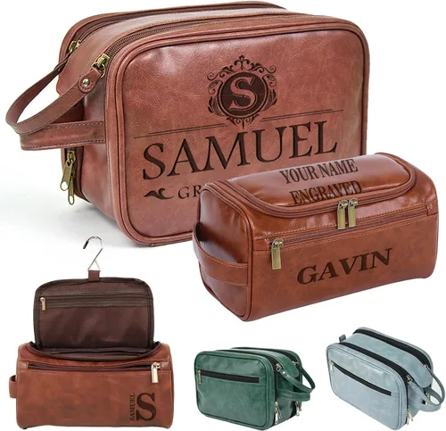 Vista 8 de Neceser de cuero personalizado para hombres, bolsa de aseo de viaje grabada personalizada, regalo de nombre y logotipo personalizado para padre