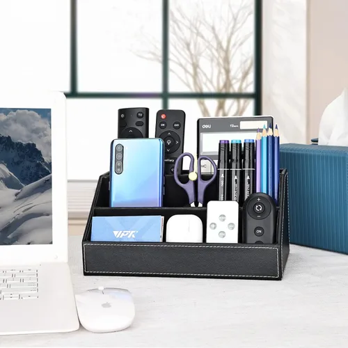 Vista 5 de KINGFOM™ Caja de almacenamiento y organizador de papelería multifunción para escritorio; estructura de madera y piel para la oficina del hogar; Negro
