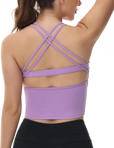 Vista 4 de romansong Longline - Sujetadores deportivos para mujer, cuello alto, tirantes delgados, espalda cruzada, brasier de yoga, entrenamiento, acolchado
