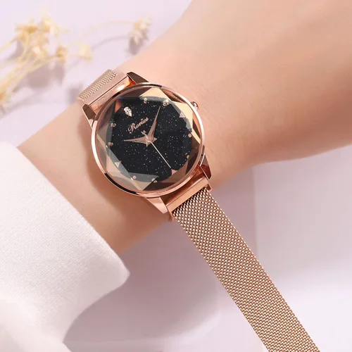 Vista 3 de RORIOS Reloj de pulsera simple para mujer, con esfera de cielo estrellado, hebilla de banda de malla, fácil de usar con diamantes simulados, reloj